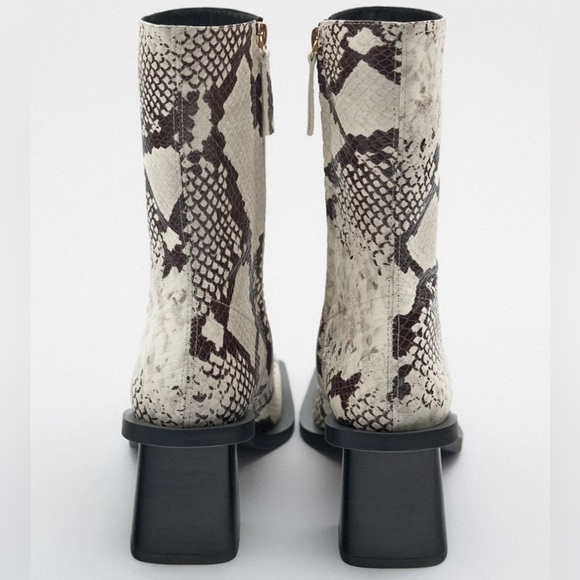 NEW Zara Snake Print Leather Block Heel Squared Toe Ankle Boots Booties 2130/010 - Picture 5 of 13